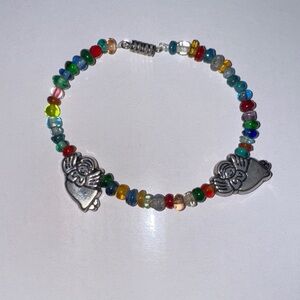 vintage multicolor beaded bracelet w/ 2 silver angel charms | handmade 7”
